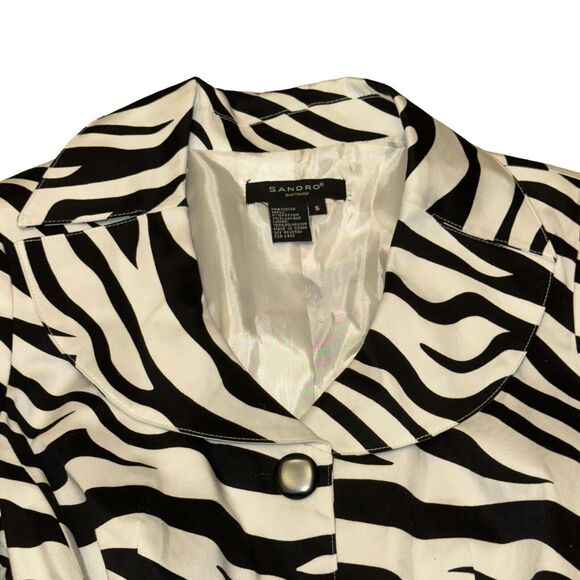 Sandro Sportswear Tie Waist Jacket Sz S Black White Zebra Print Button Collared - Picture 2 of 6